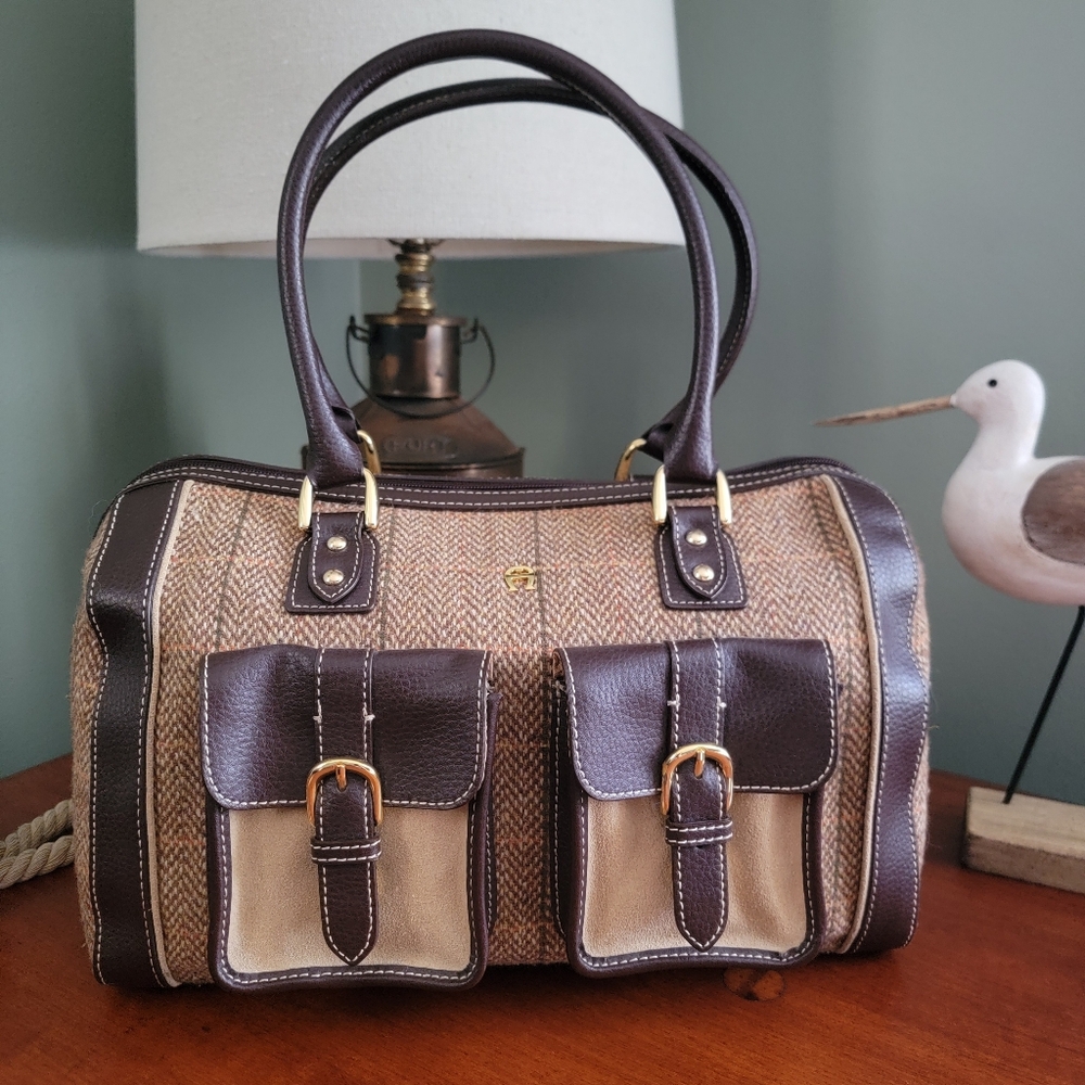 Etienne Aigner Vintage Herringbone Wool Leather Equestrian Satchel Bag